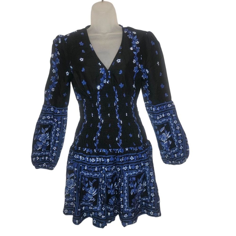 Band of Gypsies Black Blue Floral Smocked Mini Dress XS NWT